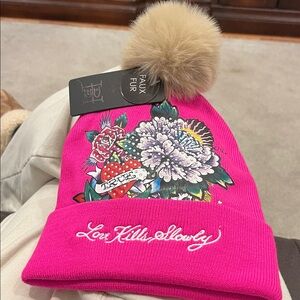 Ed Hardy Pink Beanie with Faux Fur Pom